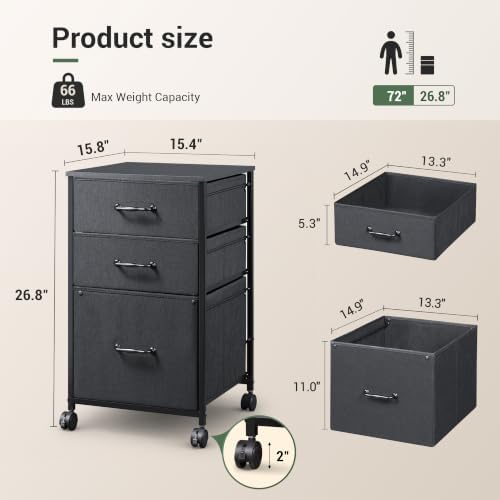 DEVAISE Mobile File Cabinet, Rolling Printer Stand with 3 Drawers, Fabric Vertical Filing Cabinet fits A4 or Letter Size for Home Office, Black