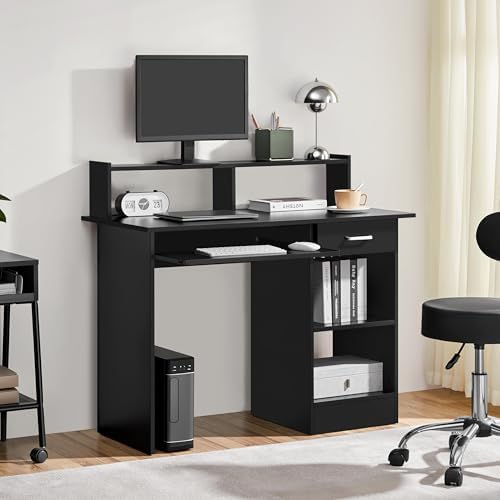 Yaheetech Computer Desk with Keyboard Tray, Drawers, and Shelves, Black