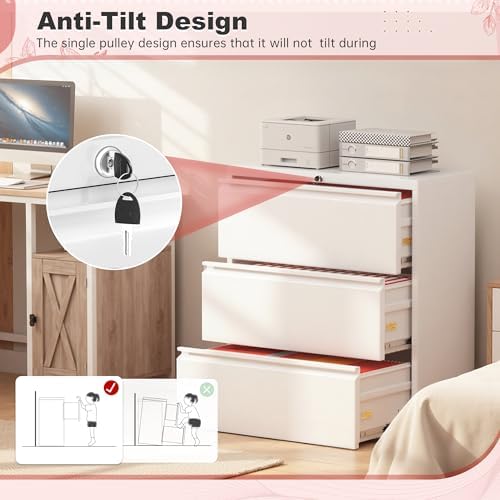Superday Lateral File Cabinet 3 Drawer Metal File Cabinet with Lock, White Filing Cabinets for Home Office, Locking Filing Cabinets Hanging Files Letter/Legal/F4/A4