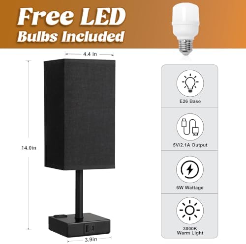 3000K Black Table Lamp for Bedroom - Dimmable Touch, USB C+A, AC Outlet