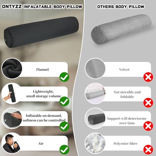 ONTYZZ Inflatable Long Body Pillow, Long Pillow for Bed, Oval Bolster Pillow for Good Sleeping and Back/Neck Support, 1pcs Black