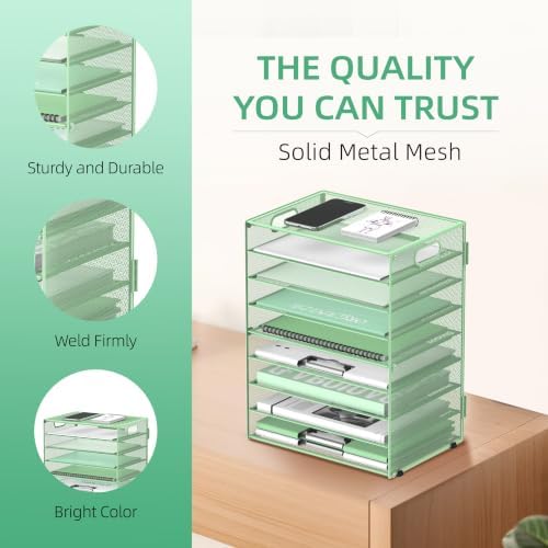 9-Tier Paper Organizer for Desk, Metal Letter Tray with Handles, Mint Green