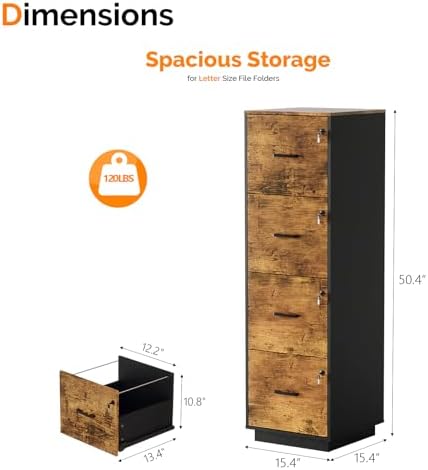 VINGLI 4 Drawer File Cabinet with Lock, Home Office Filing Organizer, for Letter Size File Folder Storage, Wood Tall Vertical Filing Cabinet, Printer Stand, Archivador (Rustic Brown)
