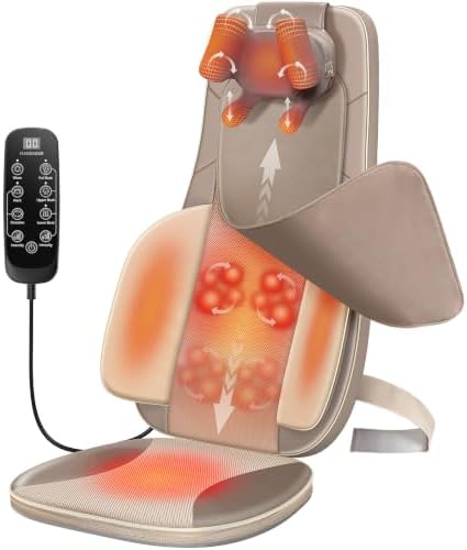 Flekzo Shiatsu Back Massager Chair Pad with 4-Zone Heat, Deep Tissue Kneading & Rolling, 6-Point Finger-Grip Neck & Back Massage, Adjustable Height, Office Chair & Recliner Seat Cushion, Khaki