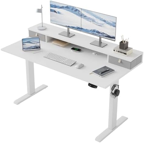 Klicelor 55 x24 Inch Electric Standing Desk with Drawers, Adjustable Height Small Sit Stand Desk for Home Office, Compact Computer Workstation with Storage– White