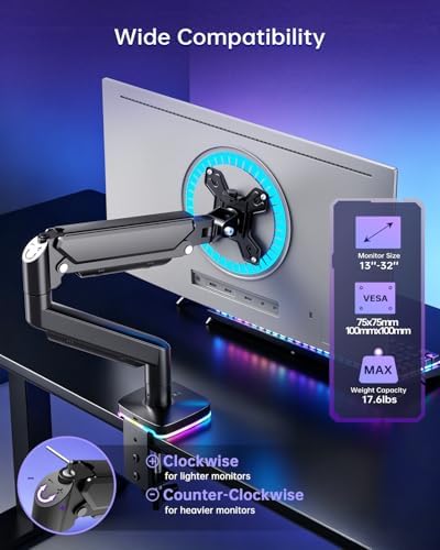 RGB Gas Spring Monitor Arm with USB Hub for 13-32 Inch Monitors