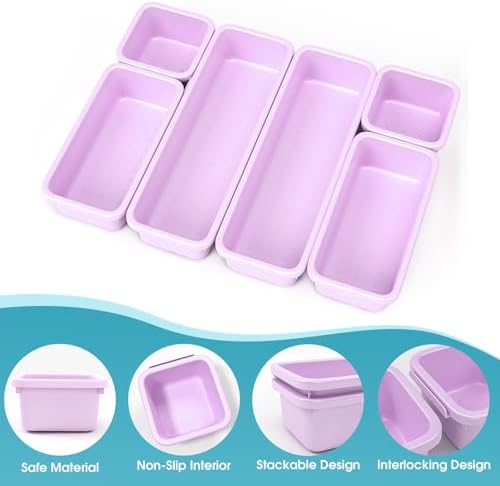 6 PCS Drawer Organizer Set, 3 Size Makeup Drawer Divider Organizer With Non-Slip Pads, Interlocking Plastic Storage Bins for Office,Jewelry Vanity,Gadgets, Bathroom,Kitchen, Purple