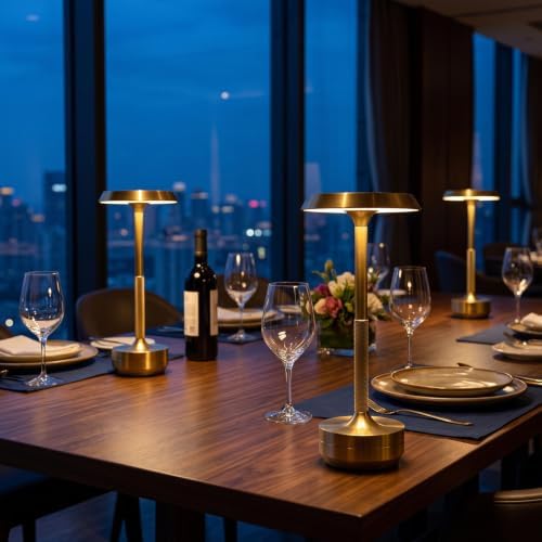 1 Pack Rechargeable Cordless Table Lamp, 5000mAh Battery Table Light 3 Color Stepless Dimming Portable LED Table Light with Memory Function, for Outdoor/Dinner/Patio/Restaurant.(Gold)