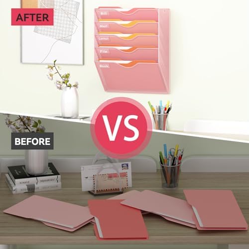 5 Pockets Hanging Wall File Organizer Mail Holder, Wall Mounted Paper Document Folder Holder, Clipboard Storage Organization Magazine Rack, Pink