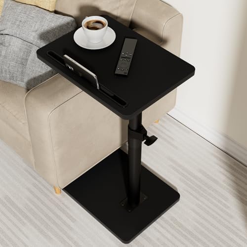 YUHFERA Sofa Armrest Tray Table for Couch - 360° Swivel Height Adjustable End for Small Spaces, Snack Side Table for Bed or Chair with Phone & Tablet Slot (Black,Standard)
