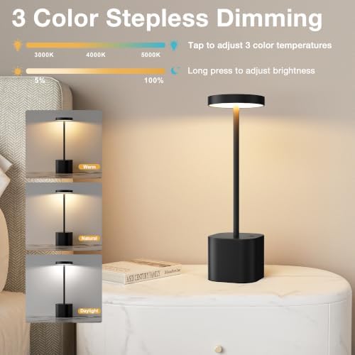 Cordless Rechargeable Table Lamp, 4000mAh Battery Operated, Black, 2 Pack