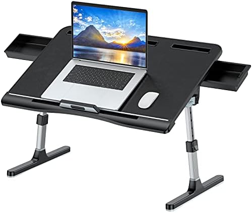 KLEAR Laptop Bed Tray Table with PVC Leather Surface, 2 Drawers, Black, XL