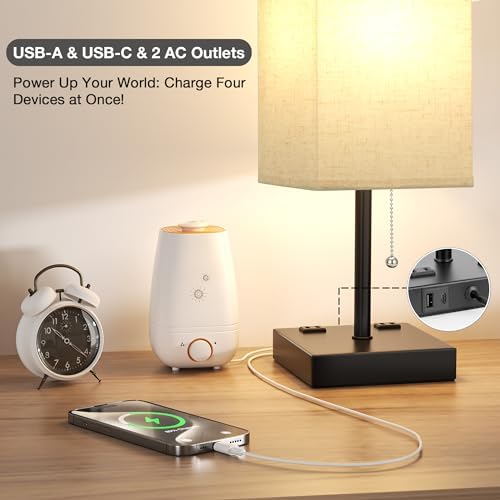 aooshine 17.4" Beige Bedside Table Lamp for Bedroom - USB C+A, 2 AC Outlets