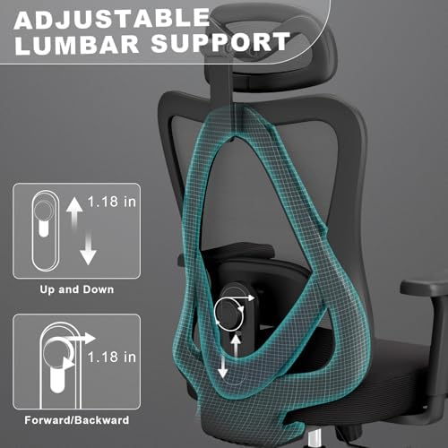Mesh Office Chair with Headrest, Lumbar Support, 3D Arms, Wide Seat