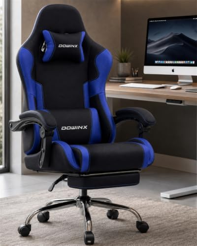 Dowinx Ergonomic Gaming Chair with Footrest & Massage Lumbar, 2D-Linkage Armrests for Computer Chair 330lbs with Headrest Pillow for Office, Home, Streaming and Long Gaming Sessions, Fabric Dark Blue
