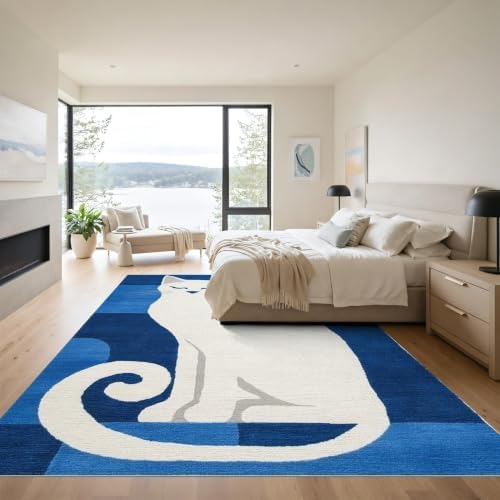 9'x12' Blue White Cat Sapphire Design Washable Area Rug