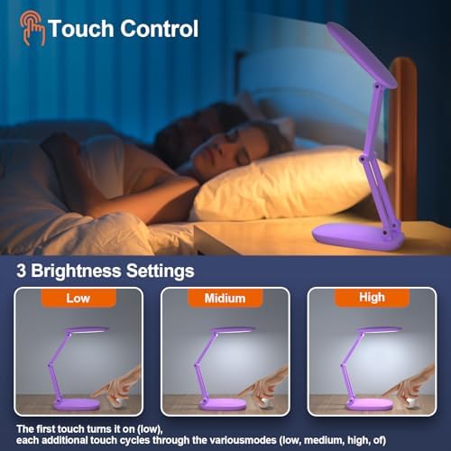 Akejrym LED Desk Lamp for Office Home & Battery Operated Lamp Rechargeable Lamp Foldable & Portable Light, [2-Fold Bracket] 3 Brightness Dimmable Small Desk Lamp Wireless Reading Lamp (Purple)
