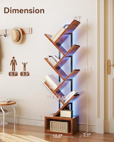 Casaottima Tree Bookshelf with LED Lights, 6-Tier Small Bookshelf, Vintage