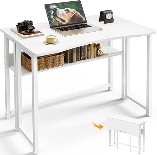 Huuger Folding Desk with Storage Shelf, 31.5 Inch Foldable Computer Table