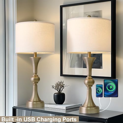 Oneach 28" Modern Table Lamps Set of 2 for Living Room Bedroom, USB A+C