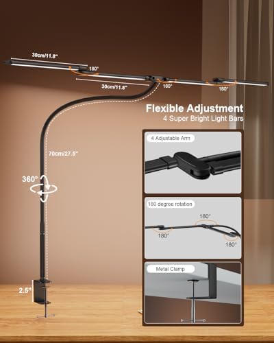 Desk Lamp Clamp Light 24W, Ultra Wide 4 Head Bars, 5 Color Modes Dimming, Multi-Screen Setup for Office, Architect, Black, Aluminum, Adapter Included