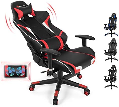 Goplus Gaming Massage Office Chair, High Back PU Leather Adjustable Arms Headrest Ergonomic Reclining Racing Chair, Rolling Swivel Executive Computer Chair
