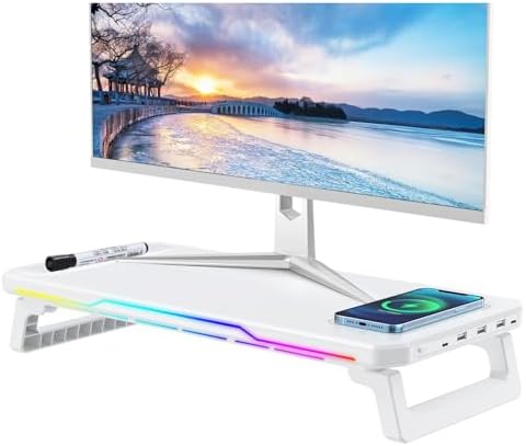 Monitor Stand Riser with USB 3.0 Hub & Type-C Port, 15W Fast Wireless Charging & RGB Lighting, Desk Organizer for Home Office PC iMac 27 Inch (White)