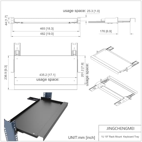 1U Keyboard Tray 8" Deep, Universal 19" Rack Mount Sliding