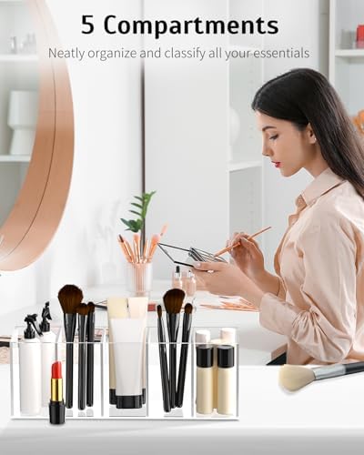 Uniclife Clear Acrylic Pen Holder for Desk, Plastic Pencil Holder Pen Organizer with 5 Compartments, Desktop Stationery Organizer for Office Home School, Vertical Makeup Brush Holder, 11.3" x 3" x 4"