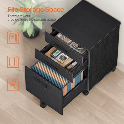 HOOBRO 3-Drawer File Cabinet, Wooden Under Desk Filing Cabinet, fits A4/Letter Size for Home Office, Small Rolling Storage Drawer Chest, Printer Stand with Drawers, Black BK02WJ01G1