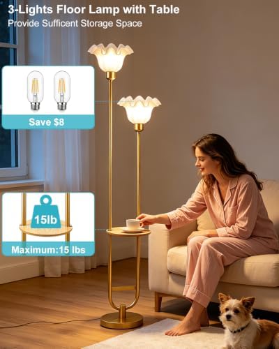 Flower Floor Lamps with Table, 2-Lights Dimmable Floral Floor Lamp, 3000K Warmwhite Modern Floor Lamp, Vintage Gold Standing Lamp with 5Lbs Heavy Base for Living Room Bedroom Girls Room