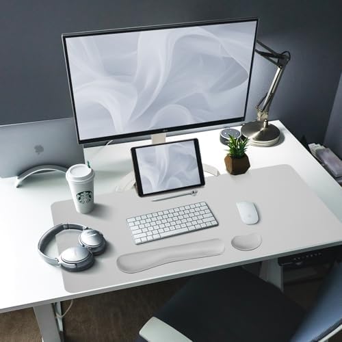 Bloss Leather Desk Pad and Keyboard Wrist Rest, Large Mouse Pad + Keyboard Pad+Mouse Wrist Support, Non-Slip Desk Mat Protector for Office, Home(31.5×15.7 Inches, Light Grey)