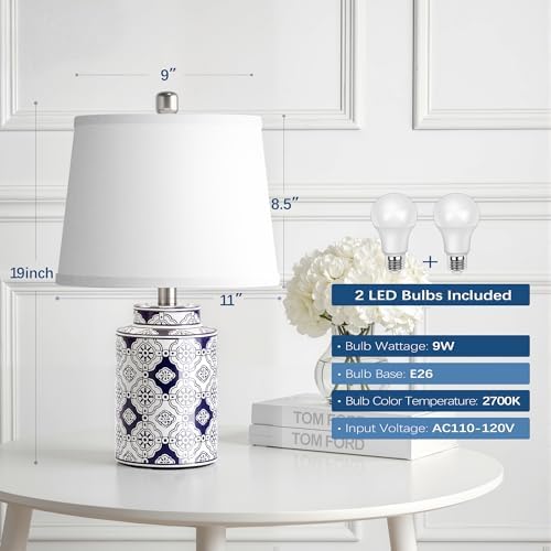 Bedside Lamps Set of 2，Blue and White Ceramic Table Lamps for Living Room