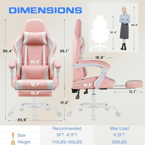 Shahoo Gaming Chair with Footrest and Massage Lumbar Support, Video Racing Seat Height Adjustable with 360° Swivel and Headrest for Office or Bedroom, Light Pink