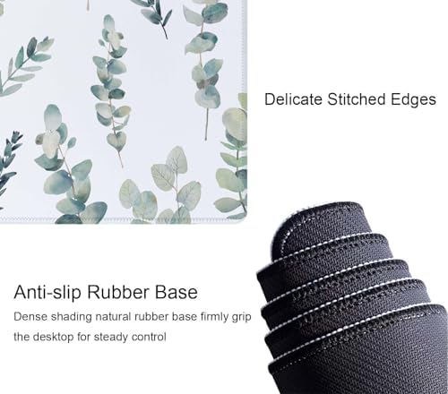Gaming Large Mouse Pad with Stitched Edges, Watercolor Eucalyptus Branches Pattern Desk Mat, Extended Keyboard Pad, Non-Slip Rubber Base Desk Pad for Keyboard and Mouse, 31.5X11.8 inch