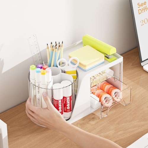 Marbrasse Desk Organizer with 2 Drawer, 360°Rotating Pen Holder, Desk Organizers and Accessories with 6 Slots Pencil Organizer + 2 Drawer, Art Supply Storage Box Caddy for Office (White)
