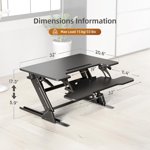 Claiks Standing Desk Converter 32 inch, Height Adjustable Sit Stand Up Desk Riser, Quick Sit to Stand Tabletop Dual Monitor Riser Workstation for Home Office with Keyboard Tray, Black