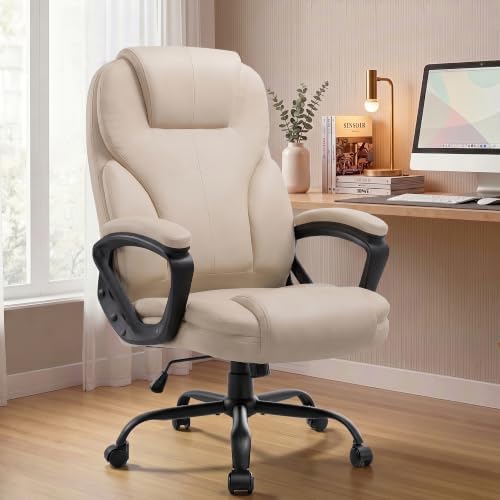 Ergonomic Office Chair with High Back, Comfy Desk Chair, Adjustable Executive Office Chair for Home Office, Big and Tall Computer Chair Heavy Duty, 360° Swivel, Faux Leather White