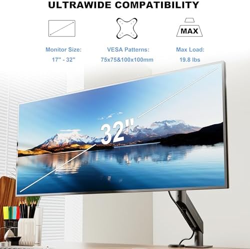 THEARK Single Monitor Desk Mount 17"-32" Screens - Adjustable Mechanical Monitor Arm Computer Monitor Stand up to 19.8 lbs,VESA Arm Desk Mount with C-Clamp and Grommet Base,VESA 75x75/100x100mm,Black