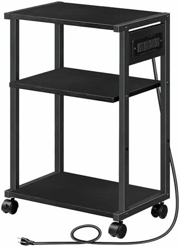 HOOBRO Industrial Printer Stand with Charging Station, 3-Tier Printer Table, Rolling Printer Cart with Adjustable Shelf and Hook, Black BB28UPS01