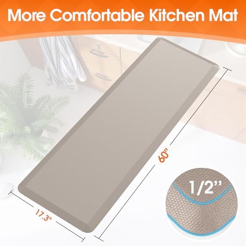 Kitchen Mat for Floor, Anti-Fatigue Mat Kitchen Rug, 17.3"x60"x0.5'', Khaki