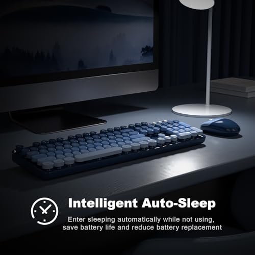 MOFII Wireless Keyboard and Mouse Combo, Full Size 2.4G Plug and Play Typewriter Retro Round Computer Keyboard and Mouse Set for Windows, Computer, Desktop, PC, Notebook - (Sea Blue Gradient)
