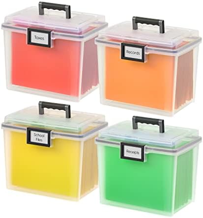 IRIS USA WeatherPro Portable File Box Organizer, 19 Qt. 4-Pack, Clear
