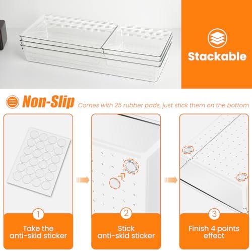Criusia 18 Pcs Large Size Clear Drawer Organizer Set, Acrylic Non Slip Non Cracking Kitchen Drawer Storage Tray Divider, Multifunctional Storage for Cosmetics, Bathroom, Tools, Kitchen and Office