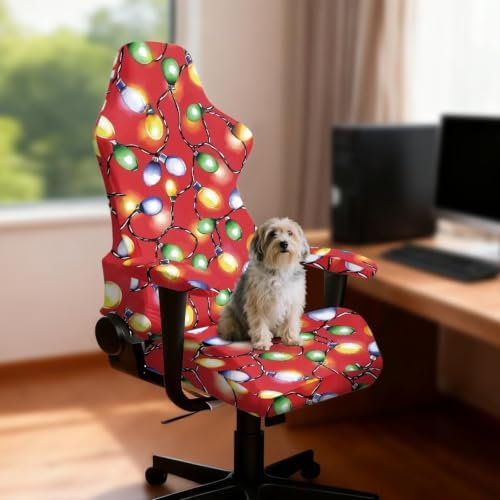 Christmas Lights Gaming Chair Protector Slipcover 4-Piece Fits Office/PC Boss Recliners Anti-Scratch Washable with Zipper for Living Room Xmas Decor