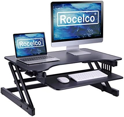 Rocelco 32" Height Adjustable Standing Desk Converter - Slide Out Retractable Keyboard Tray - Sit Stand Up Double Monitor Riser - Dual Piston Lift Assist Tabletop Computer Workstation - Black (R ADRB)