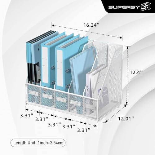 SUPEASY Desk Organizers Metal Desk Magazine File Holder with 5 Vertical Compartments Rack File Organizer for Office Desktop, Classroom, Home Workspace, White Plus
