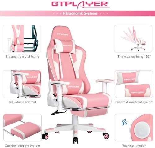 GTPLAYER Gaming Chair with Footrest Speakers Video Game Chair Bluetooth Music Heavy Duty Ergonomic Computer Office Desk Chair (Pink)
