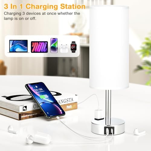 Touch Bedside Table Lamps Set of 2 - Bedroom Lamp with USB A+C, AC Outlet
