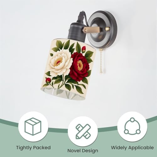 3 Pack Cylinder Glass Lamp Shade Decorative Tranquil Interlace Peonies Leaves Petals Floral Arrangement Covers with 1-5/8" Fitter Opening Light Fixture Replacement for Table Lamp Bathroom Vanity Light